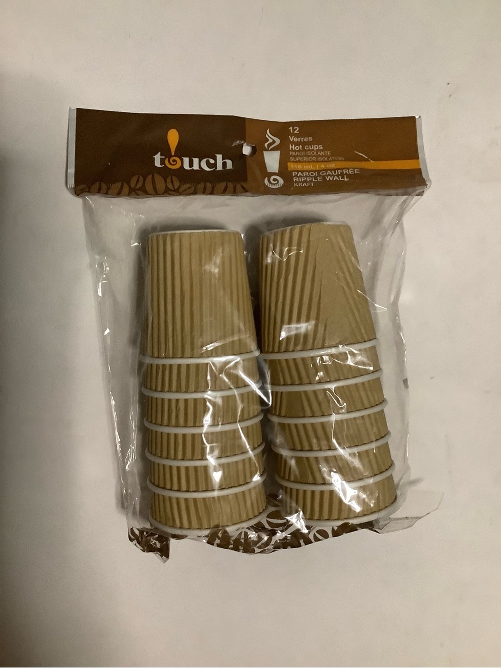 Touch Kraft Ripple Wall Hot Cups - Brown Disposable Coffee Cups (12 Pack)